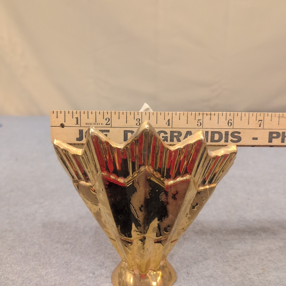Vintage Art Deco Gold Metallic Ceramic Fan Sunburst Bud Vase - Picture 6 of 6